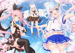 Rule 34 | 3girls, :d, animal ears, bare arms, bare shoulders, black bow, black dress, black legwear, black skirt, blue eyes, blue hair, blue skirt, blue sky, blush, bow, breasts, cacao (uchi no pet jijou), cat ears, cleavage, cloud, commentary request, day, dress, fang, feathered wings, flower, green eyes, hair between eyes, hair ornament, hairclip, hand on own hip, index finger raised, large breasts, lily (uchi no pet jijou), long hair, midriff peek, mint (uchi no pet jijou), multiple girls, navel, official art, open mouth, outdoors, outstretched arm, outstretched arms, pink flower, pink hair, pleated skirt, polka dot, polka dot bow, shirt, skirt, sky, small breasts, smile, spread arms, star (symbol), star in eye, striped clothes, striped skirt, symbol in eye, thighhighs, tree, twintails, twitter username, uchi no pet jijou, vertical-striped clothes, vertical-striped skirt, very long hair, white hair, white legwear, white shirt, white wings, wings, yano mitsuki (nanairo)
