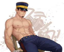 Rule 34 | 1boy, abs, bandaged hand, bandages, bara, black eyes, black hair, blue pants, buzz cut, facial hair, feet out of frame, frown, goatee, golden kamuy, hat, highres, kepi, looking at viewer, male focus, mature male, military, military hat, military uniform, muscular, muscular male, navel, nipples, pants, pectorals, pocketbee, scar, scar on stomach, short hair, sideburns, solo, stomach, thick eyebrows, thighs, topless male, tsukishima hajime, uniform, very short hair