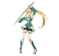 Rule 34 | 10s, 1girl, armor, armpits, blonde hair, breasts, cleavage, full body, gloves, greaves, green eyes, highres, holding, holding sword, holding weapon, large breasts, leafa, long hair, official art, open mouth, ponytail, sandals, sideboob, simple background, solo, sword, sword art online, sword art online: code register, weapon, white background, white gloves