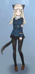Rule 34 | 1girl, absurdres, animal ears, aohashi ame, arm grab, black pantyhose, black skirt, blonde hair, blue background, blue eyes, blue jacket, brown footwear, cat ears, cat tail, closed mouth, commentary request, emblem, full body, highres, jacket, light smile, loafers, long hair, long sleeves, looking at viewer, military, military uniform, miniskirt, original, pantyhose, pleated skirt, shoes, skirt, solo, standing, tail, uniform, world witches series