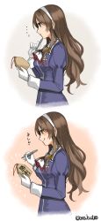 Rule 34 | 1girl, 2koma, ashigara (kancolle), brown eyes, brown hair, comic, ema, from side, gloves, hairband, highres, holding, holding pen, kantai collection, long hair, pen, remodel (kantai collection), solo, tongue, tongue out, twitter username, uniform, upper body, wavy hair, white gloves, white hairband, yamashichi (mtseven)
