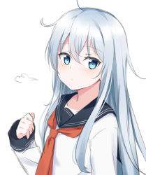Rule 34 | 1girl, absurdres, ahoge, black sailor collar, blue eyes, blue hair, closed mouth, commentary request, hair between eyes, has bad revision, has downscaled revision, hibiki (kancolle), highres, kantai collection, kohakope, long hair, long sleeves, looking at viewer, md5 mismatch, neckerchief, no headwear, red neckerchief, resolution mismatch, sailor collar, school uniform, serafuku, shirt, sidelocks, silver hair, simple background, solo, source smaller, upper body, white background, white shirt