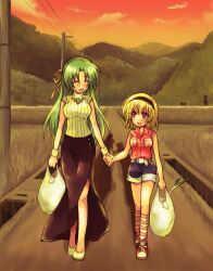 2girls age_difference bag bead_necklace beads belt black_hairband black_skirt blonde_hair blue_shorts closed_eyes collared_shirt evening friends full_body green_hair hair_ribbon hairband hazuki_megumi higurashi_no_naku_koro_ni holding holding_bag holding_hands houjou_satoko jewelry long_hair long_skirt looking_at_another mountainous_horizon multiple_girls necklace open_mouth orange_sky outdoors painttool_sai_(medium) parted_bangs pink_shirt plastic_bag red_eyes ribbed_sweater ribbon road shirt shoes short_hair shorts skirt sky sleeveless sleeveless_sweater smile sneakers socks sonozaki_shion spring_onion striped_clothes striped_socks sunset sweater very_long_hair walking white_belt white_footwear wrist_cuffs yellow_ribbon