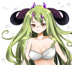 Rule 34 | 1girl, arknights, bandeau, bare arms, bare shoulders, breasts, cleavage, commentary request, estelle (arknights), green hair, highres, horns, long hair, looking at viewer, medium breasts, midriff, scar, scar on face, scar on nose, simple background, solo, strapless, tube top, upper body, white background, yellow eyes, youyuanye