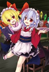 Rule 34 | 2girls, akisome hatsuka, alternate costume, bat wings, blonde hair, blue hair, bowl, enmaided, fang, flandre scarlet, food, ice cream, japanese clothes, kimono, long sleeves, maid, maid headdress, menu, multiple girls, open mouth, pointy ears, red eyes, remilia scarlet, sandals, siblings, sisters, smile, tabi, touhou, tray, wa maid, wide sleeves, wings