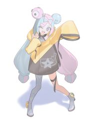 Rule 34 | 1girl, absurdres, arm up, asymmetrical bangs, asymmetrical legwear, blue hair, bow-shaped hair, character hair ornament, creatures (company), full body, game freak, hair ornament, hexagon print, highres, iono (pokemon), jacket, kurobeko (kur0bek0), long hair, long sleeves, looking at viewer, low-tied long hair, multicolored eyes, multicolored hair, nintendo, one eye closed, open mouth, oversized clothes, pink hair, pokemon, pokemon sv, sharp teeth, simple background, single leg pantyhose, sleeves past fingers, sleeves past wrists, solo, split-color hair, teeth, thigh strap, twintails, two-tone hair, very long sleeves, white background, yellow jacket