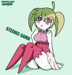 Rule 34 | 1girl, :t, ahoge, artist name, bare shoulders, blush, character name, closed mouth, colored skin, creatures (company), english text, female focus, full body, game freak, gen 7 pokemon, green background, green hair, hair between eyes, hand up, jaggy lines, knees up, looking at viewer, nintendo, no humans, panties, pantyshot, patreon username, personification, pink eyes, pink panties, pink shirt, pink thighhighs, pleated skirt, pokemon, pokemon (creature), pongldr, shirt, short hair, simple background, sitting, skirt, solo, steenee, thighhighs, twintails, underwear, upskirt, watermark, web address, white skin, white skirt