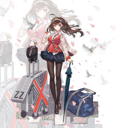 Rule 34 | 1girl, absurdres, animal, azur lane, bag, bald eagle, beige jacket, bird, black pantyhose, black skirt, breasts, brown hair, cardigan, closed umbrella, clothed animal, duffel bag, eagle, hand in own hair, highres, holding, holding umbrella, independence (azur lane), independence (transfer student from afar) (azur lane), liangyimo, long hair, looking at viewer, low neckline, luggage, medium breasts, miniskirt, necktie, official alternate costume, pantyhose, partially unbuttoned, pleated skirt, red cardigan, red eyes, rolling suitcase, shirt, skirt, solo, suitcase, umbrella, untucked shirt