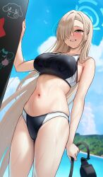 Rule 34 | 1girl, asuna (blue archive), bikini, black bikini, blue archive, blue eyes, blue sky, breasts, cloud, hair over one eye, halo, highres, holding, large breasts, light brown hair, long hair, looking at viewer, navel, outdoors, parted lips, sky, smile, solar (happymonk), solo, sports bikini, swimsuit, very long hair, wet, white bikini