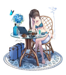 Rule 34 | 1girl, absurdres, alcohol, black hair, blue bra, blue eyes, blue panties, blue theme, bombay sapphire, bottle, bra, bracelet, bug, butterfly, camera, crossed legs, flower, glass, head on hand, highres, insect, jewelry, koh (minagi kou), long hair, looking at viewer, necklace, original, panties, sitting, smoking, solo, suitcase, table, tablet pc, twintails, underwear, underwear only, watch, white background, wristwatch