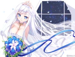 Rule 34 | 1girl, azur lane, bare shoulders, belfast (azur lane), belfast (the pledge of claddagh) (azur lane), belfast (the pledge of claddagh) (azur lane), blue eyes, blue flower, blue rose, bouquet, braid, breasts, bridal veil, chain, cleavage, collar, collarbone, commentary request, dress, eyes visible through hair, flower, hair between eyes, large breasts, long hair, looking at viewer, night, night sky, official alternate costume, petals, ribbon, rose, ruda (ruda e), sidelocks, single braid, sky, smile, solo, star (sky), starry sky, strapless, strapless dress, twitter username, veil, wedding dress, white hair, wind, window