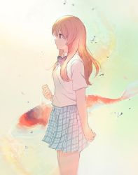 Rule 34 | 1girl, air bubble, arm at side, bow, brown eyes, brown hair, bubble, collared shirt, commentary, fish, fish request, from side, hand up, highres, koe no katachi, long hair, nishimiya shouko, plaid, plaid skirt, pleated skirt, profile, qosic, school uniform, shirt, short sleeves, skirt, solo, white shirt
