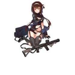 Rule 34 | 1girl, :t, artist request, brown hair, covering privates, covering breasts, full body, garter straps, girls&#039; frontline, gloves, gun, hairband, long hair, looking at viewer, magazine (weapon), nightmaremk2, official art, pout, red eyes, rifle, solo, thighhighs, torn clothes, transparent background, type 79 (girls&#039; frontline), type 79 smg, weapon