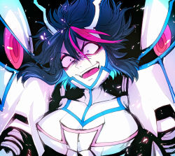 Rule 34 | 10s, 1girl, blue eyes, blue hair, breasts, constricted pupils, crazy eyes, crazy smile, eyeshadow, fangs, general orumutsu, junketsu, kill la kill, large breasts, makeup, matching hair/eyes, matoi ryuuko, multicolored hair, open mouth, pink hair, short hair, smile, solo, spoilers, two-tone hair