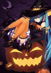 Rule 34 | 1girl, absurdres, aqua eyes, aqua hair, bat (animal), black gloves, commentary request, crescent moon, dress, elbow gloves, full body, gloves, halloween, hat, hatsune miku, high heels, highres, jack-o&#039;-lantern, long hair, looking at viewer, moon, night, orange thighhighs, solo, tenmoon, thighhighs, tree, twintails, very long hair, vocaloid, witch hat