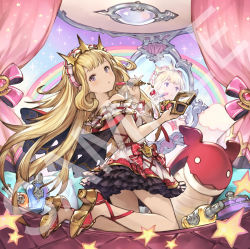 Rule 34 | 10s, 1girl, :o, album cover, alternate costume, bare arms, bare shoulders, blonde hair, blush, bottle, cagliostro (granblue fantasy), capelet, cloud, cover, curtains, dress, floating hair, frilled dress, frilled skirt, frills, from behind, granblue fantasy, hairband, heart, high heels, holding, kneeling, lipstick, long hair, looking back, maid headdress, makeup, minaba hideo, miniskirt, mirror, o o, official art, open mouth, ouroboros (granblue fantasy), perfume bottle, purple eyes, rainbow, red ribbon, reflection, ribbon, ribbon-trimmed dress, ribbon trim, sample watermark, sandals, skirt, solo, sparkle, star (symbol), text focus, treasure chest, watermark, white dress