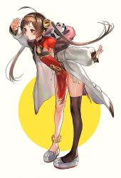 Rule 34 | 1girl, ahoge, anchor hair ornament, anklet, arm up, azur lane, black thighhighs, blush, brown eyes, brown hair, china dress, chinese clothes, cleavage cutout, clothing cutout, coat, dress, full body, hair ornament, hairband, hairpods, highres, hood, hood down, hooded coat, jewelry, lal!role, leaning forward, long hair, long sleeves, looking afar, open mouth, pelvic curtain, pigeon-toed, ping hai (azur lane), red dress, shoes, single thighhigh, solo, stuffed animal, stuffed panda, stuffed toy, thighhighs, twintails, white coat, white footwear, white hairband, yellow background