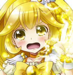 Rule 34 | 10s, 1girl, absurdres, bad id, bad pixiv id, blonde hair, bow, choker, cure peace, earrings, electricity, hair flaps, hair ornament, highres, jewelry, kise yayoi, long hair, magical girl, portrait, precure, sharumon, smile precure!, solo, tears, tiara, v, wrist cuffs, yellow bow, yellow eyes, yellow theme