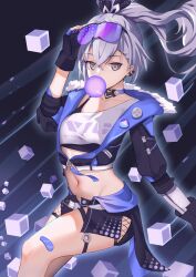 Rule 34 | 1girl, absurdres, black background, black gloves, black jacket, black shorts, blowing bubbles, choker, commentary request, crop top, cropped jacket, cube, feet out of frame, fingerless gloves, flag888, gloves, grey eyes, grey hair, hand up, highres, honkai: star rail, honkai (series), jacket, long hair, looking at viewer, midriff, navel, ponytail, shirt, short shorts, shorts, silver wolf (honkai: star rail), single-shoulder shirt, solo, stomach, thigh strap, thighs
