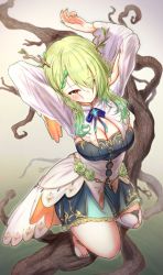 Rule 34 | 1girl, antlers, arms up, barefoot, braid, branch, breasts, ceres fauna, cleavage, dress, green hair, highres, hololive, hololive english, horns, kaiju ryoku, large breasts, leaf, medium hair, nail polish, skirt, thighs, tree, virtual youtuber, white dress, wide hips, yellow eyes