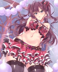Rule 34 | 10s, 1girl, blue eyes, blush, breasts, brown hair, garter straps, ichinose shiki, idolmaster, idolmaster cinderella girls, idolmaster cinderella girls starlight stage, jewelry, jiino, long hair, looking at viewer, navel, smile, solo, thighhighs, tongue, tongue out, two side up