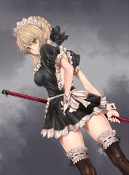 Rule 34 | 1girl, artoria pendragon (all), artoria pendragon (fate), black thighhighs, blonde hair, breasts, dutch angle, fate/stay night, fate (series), frilled thighhighs, frills, impossible clothes, impossible shirt, looking back, maid, maid headdress, mop, official alternate costume, rokuichi, saber (fate), saber alter, shirt, sideboob, simple background, solo, thighhighs, wrist cuffs, yellow eyes, zettai ryouiki