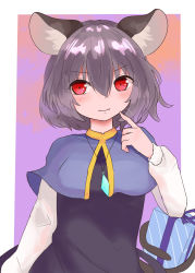 Rule 34 | 1girl, absurdres, animal ears, blue capelet, blush, border, breasts, capelet, closed mouth, commentary request, cowboy shot, crystal, dress, gift, grey dress, grey hair, highres, holding, holding with tail, jewelry, long sleeves, looking at viewer, mouse ears, mouse girl, mouse tail, nazrin, outside border, pendant, pointing, pointing at self, prehensile tail, red eyes, shirt, short hair, sleeveless, sleeveless dress, small breasts, solo, tail, touhou, white border, white shirt, yanagi (isiryu230)