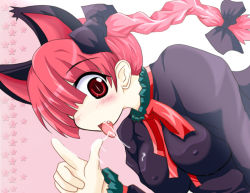 Rule 34 | 1girl, animal ears, blush, braid, breasts, cat ears, cat girl, covered erect nipples, cum, fang, female focus, gradient background, hair ribbon, kaenbyou rin, large breasts, open mouth, red eyes, red hair, ribbon, saliva, short hair, slit pupils, solo, tabako, tongue, touhou, twin braids, twintails
