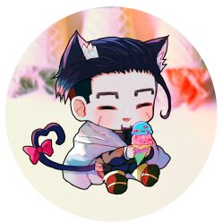 Rule 34 | 1boy, :p, absurdres, animal ear fluff, animal ears, black footwear, black hair, black jacket, blush, bow, cat boy, cat ears, cat tail, chibi, cloak, closed eyes, closed mouth, facing away, food, golden kamuy, grey cloak, hair slicked back, heart, heart tail, highres, holding, holding food, holding ice cream, hood, hood down, hooded cloak, ice cream, jacket, ke-a-ru, long sleeves, male focus, ogata hyakunosuke, pink bow, shoes, short hair, simple background, solo, tail, tail bow, tail ornament, tongue, tongue out, undercut, white background
