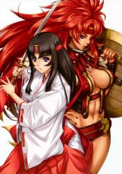 Rule 34 | 2girls, abs, absurdres, black hair, earrings, highres, japanese clothes, jewelry, katana, long hair, miko, multiple girls, muscular, official art, purple eyes, queen&#039;s blade, red hair, risty (queen&#039;s blade), shield, standing, sword, tomoe (queen&#039;s blade), weapon