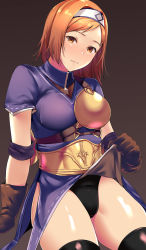 Rule 34 | 1girl, archer (ragnarok online), black panties, black thighhighs, blush, breasts, brown background, brown gloves, closed mouth, commentary request, cowboy shot, elbow sleeve, gloves, hairband, highres, invisible chair, lifted by self, looking at viewer, medium breasts, medium hair, muneate, orange eyes, orange hair, panties, ragnarok online, shiny skin, short sleeves, simple background, sitting, smile, solo, thighhighs, tirasi (so), underwear, white hairband
