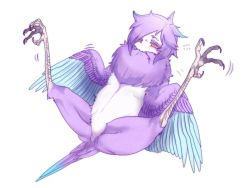 Rule 34 | 1girl, bachikin (kingyo155), feathers, gradient hair, harpy, light purple hair, monster girl, multicolored hair, no pussy, original, simple background, solo, spread legs, tail, white background, wings