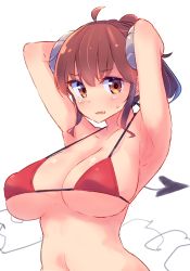 Rule 34 | 1girl, ahoge, armpits, arms up, bad id, bad pixiv id, bikini, breasts, brown eyes, brown hair, cleavage, commentary request, embarrassed, from side, halterneck, highres, hip focus, large breasts, long hair, looking at viewer, micro bikini, nitro (mugityaoisii), ponytail, red bikini, simple background, skindentation, solo, string bikini, swimsuit, wavy mouth, white background, wide hips