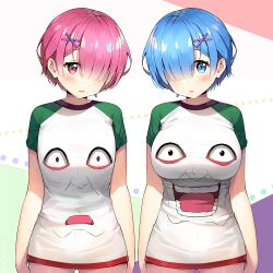 Rule 34 | 2girls, alternate costume, ayamy, blue eyes, blue hair, blush, breasts, commentary request, female focus, hair ornament, hair over one eye, hairclip, large breasts, looking at viewer, matching hair/eyes, multiple girls, parted lips, petelgeuse romaneeconti, pink hair, print shirt, ram (re:zero), re:zero kara hajimeru isekai seikatsu, red eyes, rem (re:zero), shirt, short hair, siblings, sisters, small breasts, twins, x hair ornament