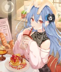 Rule 34 | 1girl, animal, animal on head, artist name, azur lane, baguette, bare shoulders, bird, blue hair, bread, brick wall, bubble tea, cat, cat on head, chick, day, earbuds, earphones, earrings, expressionless, eyes visible through hair, food, hair behind ear, hair between eyes, hair ornament, helena (azur lane), highres, jewelry, long hair, looking at viewer, manjuu (azur lane), nail polish, on head, open mouth, plant, potted plant, pudding, red eyes, sitting, solo, sweater, table, vayneeeee, white sweater, window
