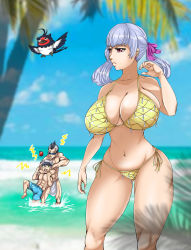 Rule 34 | 1girl, asta (black clover), beach, bikini, black clover, breasts, curvy, female focus, highres, kajimateria, large breasts, magna swing, navel, nero (black clover), noelle silva, purple eyes, ribbon, silver hair, simple background, swimsuit, thick thighs, thighs, twintails