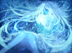 Rule 34 | 1girl, blue theme, commentary request, crystal, dress, floating, floating hair, glowing, holding, light, long hair, long sleeves, looking down, magic, original, sakimori (hououbds), solo, very long hair