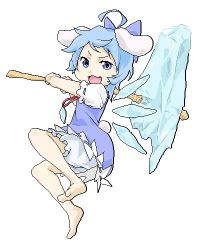 Rule 34 | animal ears, barefoot, blue eyes, blue hair, bow, cirno, cosplay, hair bow, hammer, inaba tewi, inaba tewi (cosplay), lowres, poketto, rabbit ears, short hair, solo, tail, touhou, wings