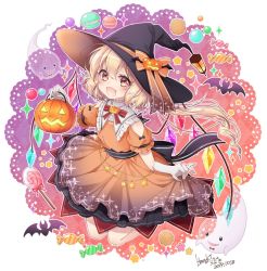 Rule 34 | 1girl, animal ears, artist name, bat (animal), belly chain, black hat, blonde hair, bob cut, bow, candy, clothing cutout, collared dress, cookie, crystal, dated, dress, fang, flandre scarlet, food, frilled sleeves, frills, ghost, gloves, halloween, halloween bucket, halloween costume, haruki (colorful macaron), hat, hat bow, hat ornament, holding, jack-o&#039;-lantern hat ornament, jack-o&#039;-lantern ornament, jawbreakers, jewelry, lollipop, long hair, looking at viewer, macaron, medium dress, neck ribbon, open mouth, orange bow, orange dress, puffy short sleeves, puffy sleeves, red eyes, red ribbon, ribbon, short sleeves, shoulder cutout, signature, skirt hold, smile, solo, star (symbol), touhou, white gloves, wings, witch hat