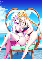 Rule 34 | 2girls, ahoge, ass, bikini, black bikini, black choker, black hairband, braid, breasts, choker, cleavage, cloud, cloudy sky, commentary request, couch, crossed legs, closed eyes, fate/grand order, fate (series), feet out of frame, frown, hairband, holding hands, jeanne d&#039;arc alter (swimsuit berserker) (fate), jeanne d&#039;arc (fate), jeanne d&#039;arc (ruler) (fate), jeanne d&#039;arc (swimsuit archer) (fate), jeanne d&#039;arc alter (fate), jeanne d&#039;arc alter (swimsuit berserker) (fate), katakeya, large breasts, leg strap, long hair, multiple girls, o-ring, o-ring bikini, o-ring bottom, o-ring top, open mouth, panties, pantyshot, ponytail, red legwear, single braid, single thighhigh, sitting, sky, smile, swimsuit, thigh strap, thighhighs, underwear, white hair, yellow eyes, yuri