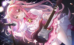 Rule 34 | 1girl, balala the fairies, brown eyes, dated, dress, eighth note, fortissimo, guitar, hair ornament, highres, holding, holding instrument, holding microphone stand, instrument, long hair, magical girl, miaogujun, microphone, microphone stand, musical note, musical note hair ornament, pink dress, pink footwear, pink hair, short sleeves, socks, solo, very long hair, white socks