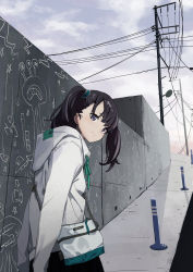 Rule 34 | 1girl, absurdres, bag, black hair, black pants, blue sky, closed mouth, cloud, cloudy sky, commentary request, day, drawstring, grey eyes, highres, hood, hood down, hoodie, looking at viewer, looking back, original, outdoors, pants, popman3580, power lines, shoulder bag, sky, smile, solo, traffic mirror, twintails, utility pole, white hoodie