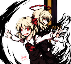 Rule 34 | 2girls, adesa, blonde hair, dated, dual persona, embodiment of scarlet devil, ex-rumia, female focus, hair ribbon, highres, multiple girls, red eyes, ribbon, rumia, short hair, signature, sword, touhou, weapon