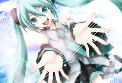 Rule 34 | 1girl, :d, aqua eyes, aqua hair, bad id, bad pixiv id, cloud, detached sleeves, foreshortening, hatsune miku, headset, kuromayu, musical note, necktie, open mouth, outstretched arms, skirt, smile, solo, twintails, vocaloid