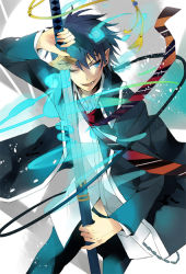 Rule 34 | 1boy, ao no exorcist, bad id, bad pixiv id, blue eyes, fang, flaming sword, flaming weapon, holding, holding sword, holding weapon, kizuna (black15), male focus, necktie, okumura rin, one eye closed, pointy ears, sheath, smile, solo, striped necktie, striped neckwear, sword, unsheathing, weapon