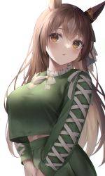 Rule 34 | 1girl, :o, absurdres, animal ears, blush, bow, bowtie, breasts, brown eyes, brown hair, cowboy shot, ear ornament, green shirt, green skirt, grey hair, hibimaru, highres, horse ears, large breasts, long hair, long sleeves, looking at viewer, midriff peek, multicolored hair, own hands together, parted lips, satono diamond (umamusume), shirt, simple background, skirt, two-tone hair, umamusume, white background, white bow, white bowtie