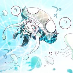 Rule 34 | 10s, 1girl, ?, abyssal ship, afloat, black gloves, blue eyes, bodysuit, cape, chibi, fish, gloves, gradient background, hat, headgear, hoshiyuki aruru, jellyfish, kantai collection, lowres, ocean, open mouth, pale skin, shadow, short hair, silver hair, solid circle eyes, solo, swimming, teeth, tentacles, twitter username, underwater, water, wo-class aircraft carrier