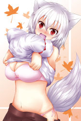 Rule 34 | 1girl, absurdres, animal ears, blush, bra, breasts, detached sleeves, hat, highres, inubashiri momiji, large breasts, looking at viewer, navel, oohirakeisuke, open mouth, red eyes, short hair, smile, solo, tail, tokin hat, touhou, underwear, undressing, white hair, wolf ears, wolf tail