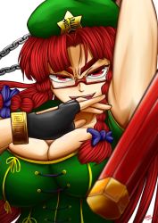Rule 34 | 1girl, alternate eye color, arm up, bad id, bad pixiv id, beret, bespectacled, braid, breasts, bugge man, chain, cleavage, close-up, dress, eyebrows, fingerless gloves, glasses, gloves, green dress, hat, highres, hong meiling, large breasts, nunchaku, red-framed eyewear, red eyes, red hair, semi-rimless eyewear, side braids, sleeveless, solo, star (symbol), thick eyebrows, touhou, twin braids, under-rim eyewear, weapon, white background