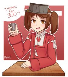 Rule 34 | 10s, 1girl, artist name, blush, brown eyes, brown hair, cup, cutting board, drinking glass, english text, grey hat, hat, jacy, jewelry, kantai collection, long sleeves, looking at viewer, milestone celebration, necklace, open mouth, red background, ribbon, ryuujou (kancolle), short hair, smile, solo, text focus, twintails, white ribbon